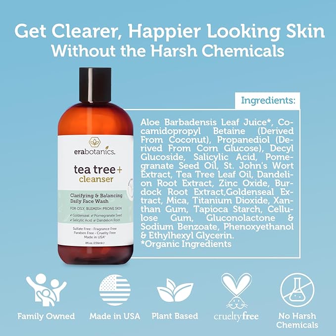 Era Organics Tea Tree Oil Face Wash - Salicylic Acid Cleanser for Oily Skin