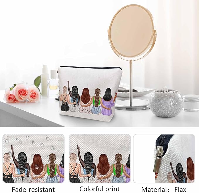 Kalygon Women Cosmetic Bag Best Friends, Pretty Women Soul Sisters Cute Makeup Bag For Purse Cosmetic Travel Bag For Toiletries Makeup Storage Bag Flax Skincare Bag Make Up Pouch Bags