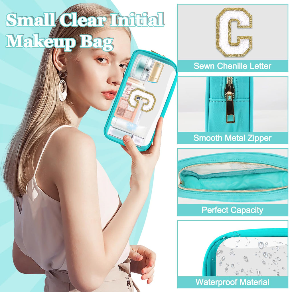 Small Clear Personalized Initial Makeup Bag,Nylon Preppy A-Z Chenille Letter Patch Cosmetic Pouch Beach Toiletry Bag,Waterproof Zipper Travel Purse Storage Bag Organizer for Women Girls(Cyan-White C)