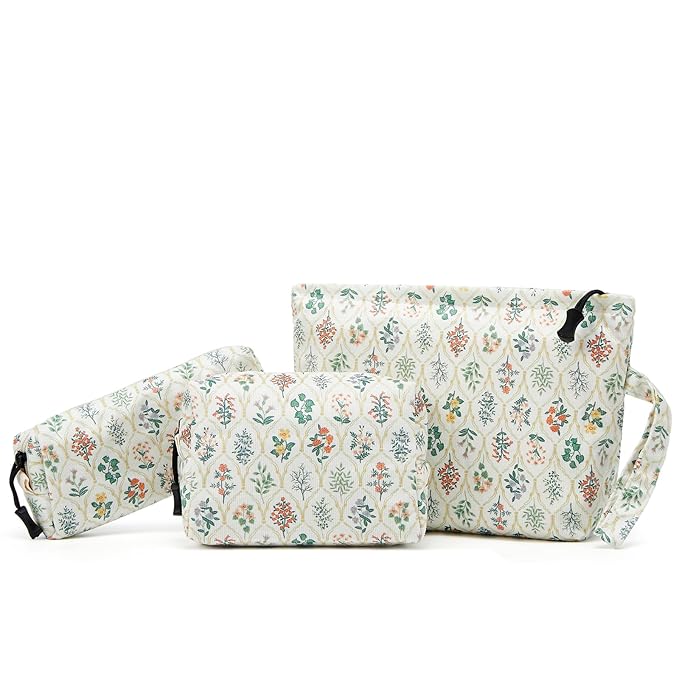 ZOEMTIU Makeup bag set small Cosmetic bag for women purse Corduroy Organizer with interior Pockets Pencil zipper Pouch travel Toiletry Bag with handle(Multi-Plants)