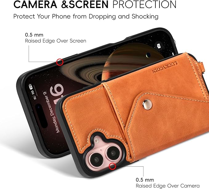 LUCKYCOIN Crossbody Phone Case for iPhone 16,100% Genuine Leather Phone Wallet Case for Women, Fashion Premium Hands-Free Phone Purse with Expandable Flip Card Holder & Adjustable Strap - Retro Brown