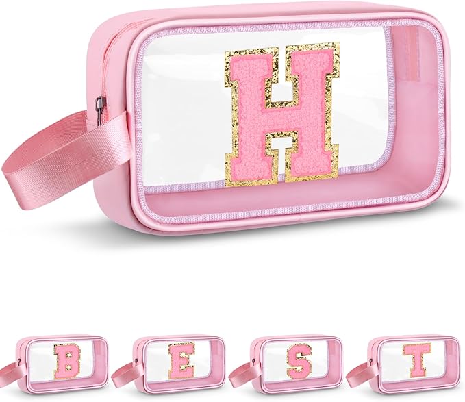 Vodolo Initial Makeup Bag,Letter H Cute Clear Monogrammed Cosmetic Travel Bag for Womens Girls,Personalized Pink Aesthetic Traveling Make Up Organizer Bag for Beach,Waterproof Toiletry Bag