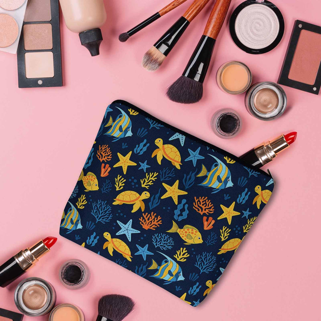 Kalygon Sea Animal Makeup Bags Makeup Organizer, Ocean Sea Turtle Starfish Seaweed Flax Toiletry Bags Travel Cosmetic Bag Makeup Purse Pouch Skincare Bag Wallet Bags For Women Female Mom Daughter
