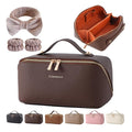 Cuteseason PU Leather Makeup Bag for Women, Structured Makeup Case with Wide Opening, Travel Cosmetic Bag with Compartments and Handle, Water-Resistant Makeup Organizer(Brown, Lychee Grain)