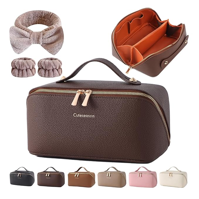 Cuteseason PU Leather Makeup Bag for Women, Structured Makeup Case with Wide Opening, Travel Cosmetic Bag with Compartments and Handle, Water-Resistant Makeup Organizer(Brown, Lychee Grain)