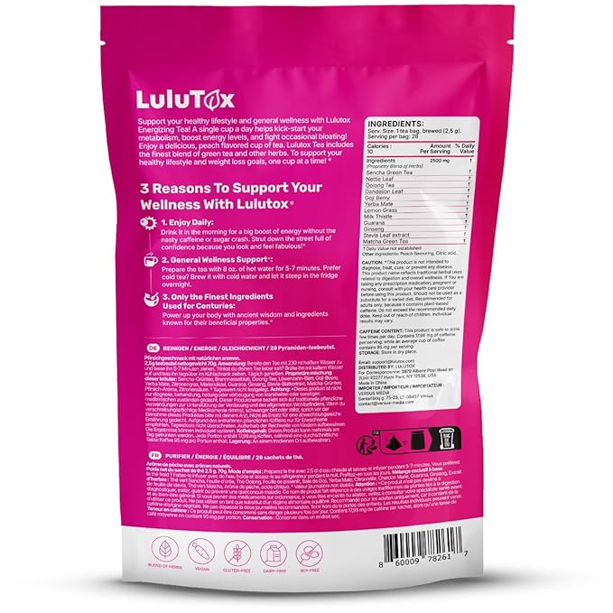 LULUTOX Detox Tea - Herbal Blend with Dandelion, Ginseng, and Ginger - Supports A Healthy Weight, Digestive Health - Vegan, All Natural, Laxative-Free - Peach Flavor (28 Servings)