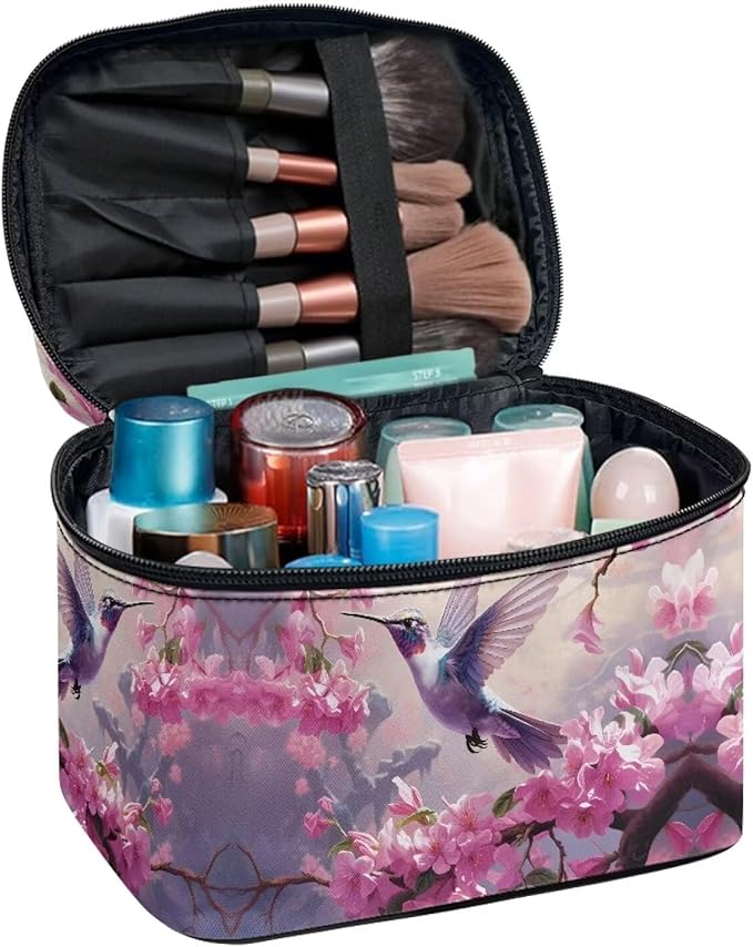 Drydeepin Hummingbird and Pink Flowers Print Travel Makeup Bags for Women Portable Tote Cosmetic Case with Carry Handle Toiletry Accessories Storage Organizer Bags