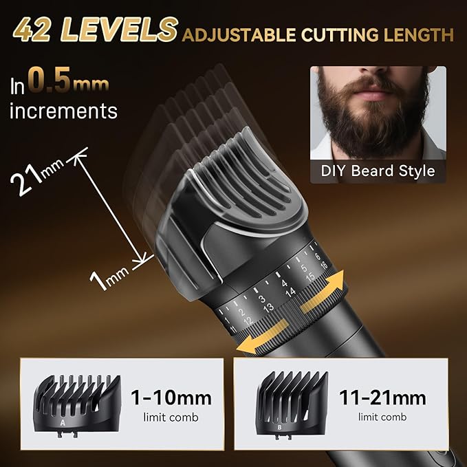 kensen Beard Trimmer for Men - 42 Adjustable Length Settings Hair Clippers, Professional Mustache Trimmer for Men Precision Facial Hair Trimming Nose Trimmers IPX6 Grade LED Display Body Hair Trimmers