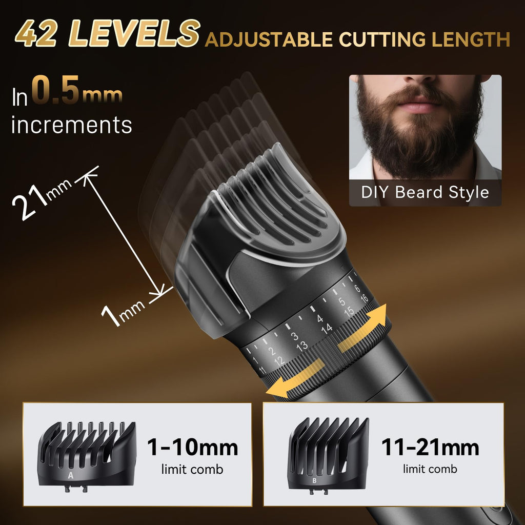 kensen Beard Trimmer for Men - 42 Adjustable Length Settings Hair Clippers, Professional Mustache Trimmer for Men Precision Facial Hair Trimming Nose Trimmers IPX6 Grade LED Display Body Hair Trimmers