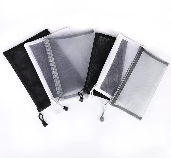 Sinzip 12 Pieces Zipper Nylon Mesh Pouch, Mesh Cosmetic Bags Makeup Bags Pencil Case, Multipurpose Travel Bags for Cosmetic School Office Supplies and Travel Accessories (Black,White,Grey, A5+B6)