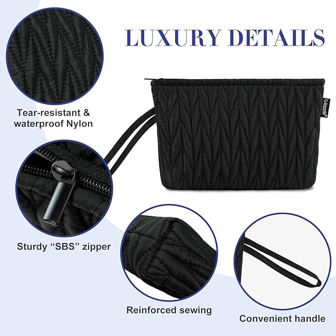 Gloppie Makeup Bag for Purse Small Puffy Cosmetic Bag Wristlet Pouch Black
