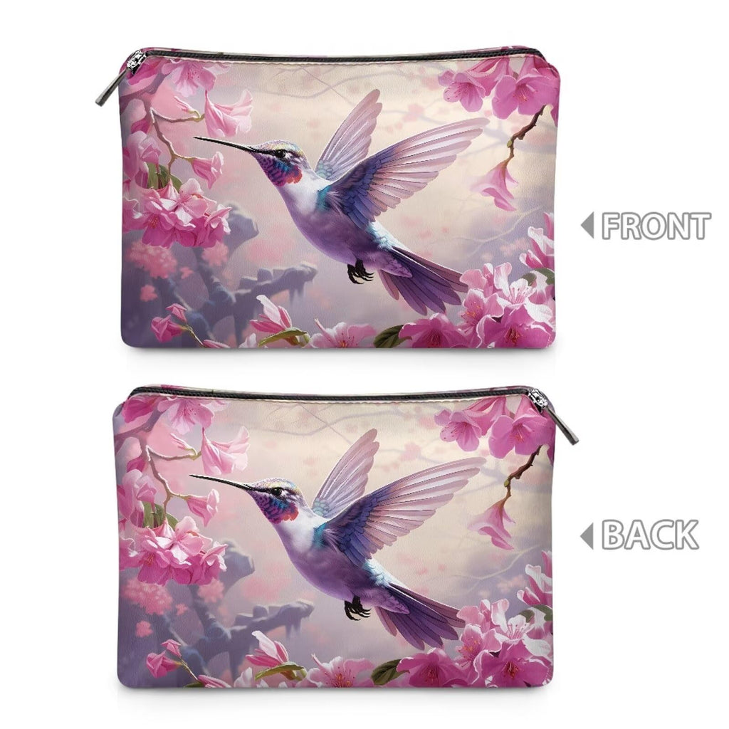 COEQINE Pink Makeup Bag for Women Leather Cosmetic Wallet Pink Hummingbirds Floral Print Cosmetic Purse for Wedding Birthday Party Cute Portable Cell Phone Case