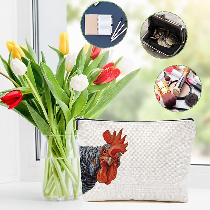DHKG Chicken Themed Gifts Makeup Bag Rooster Cosmetic Bag Chicken Gifts for Women Girls Friend Farmer Coworker Farm Animals Travel Organizer Zipper Pouch Graduation Birthday Friendship Gifts