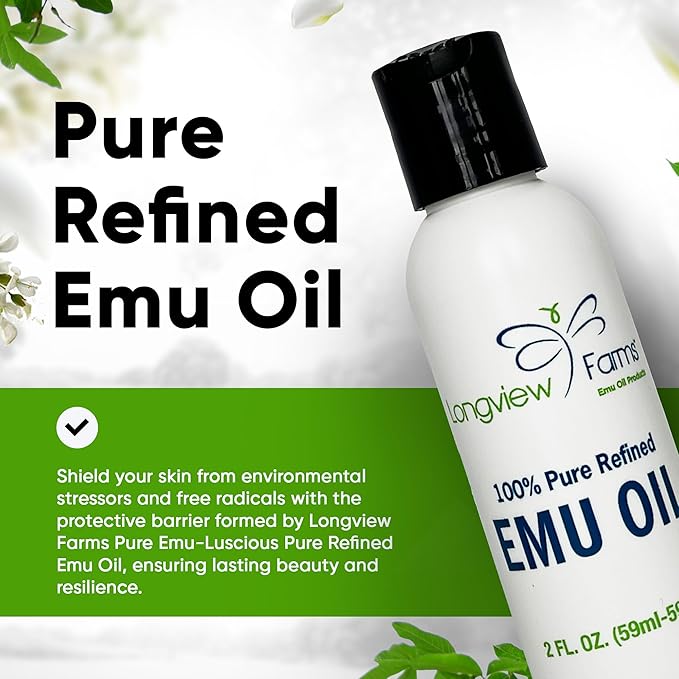 Longview Farms® Emu Oil - Hair and Body - 100% Pure & Refined Emu Oil for Skin & Hair Care | Premium Quality Hydration | 2 Fl. Oz
