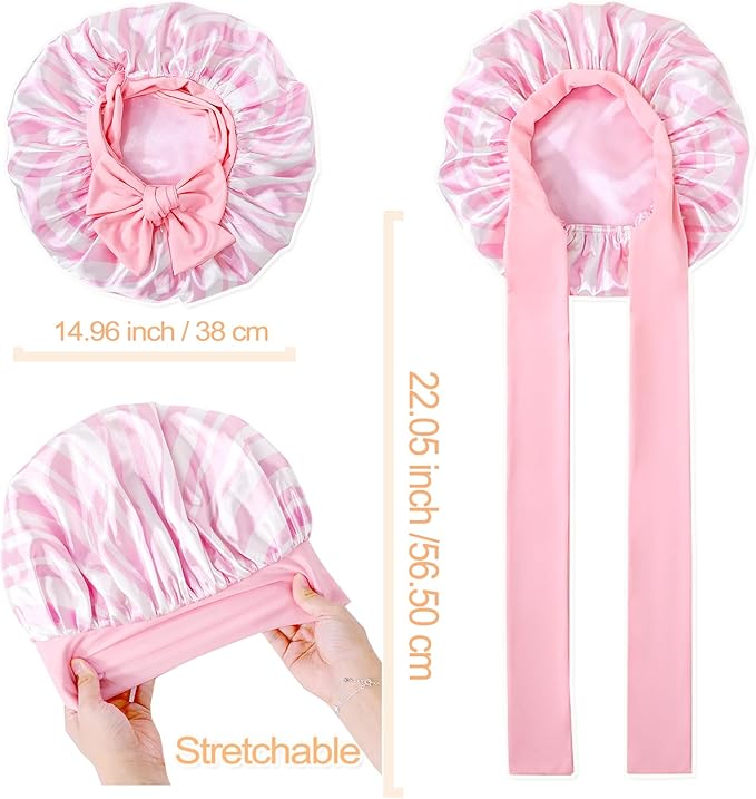 GDTOGRT Satin Silk Bonnet for Sleeping Women, Double Layer Sleep Hair Bonnets Caps for Curly Natural Hair with Tie Band - Pink Stripe