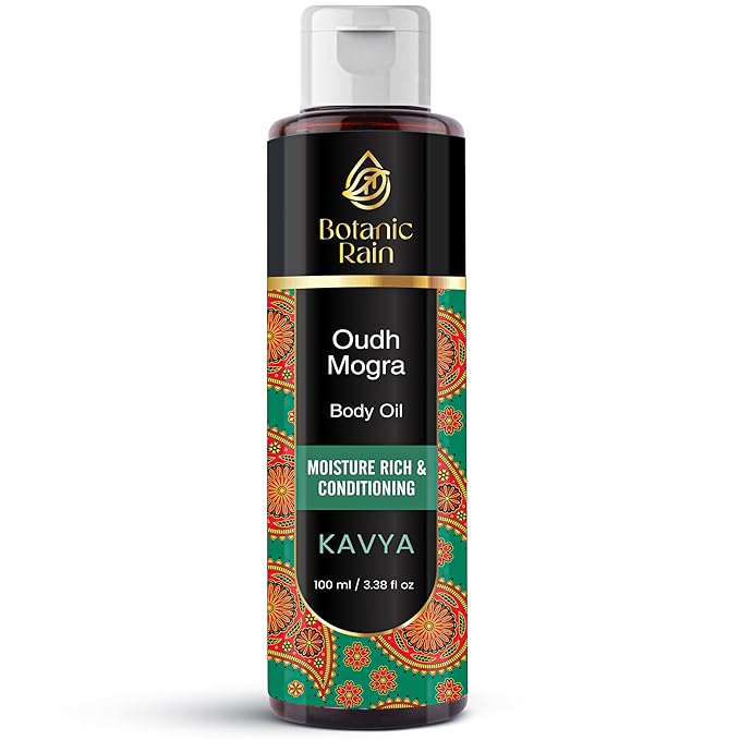 Botanic Rain Ayurveda Body Oil for Dry & Crepey Skin – Non-Greasy After Shower Lightweight Moisturizer with Oudh & Mogra, 3.38 fl oz (1, Mogra)