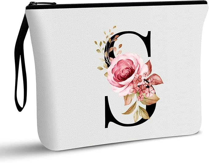 Vavabox A-Z Personalized Makeup Bag, Birthday Gifts for Women Mom, Gifts for Best Friend, Bride Bridesmaid Cosmetic bag (S, 01-White)