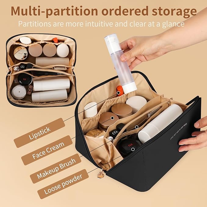 zaleeta Travel Makeup Bag, Large Capacity Cosmetic Organizer Bags for Women, Waterproof PU Leather Toiletry Bags, Wide Open Flat Makeup Case with Divider and Handle