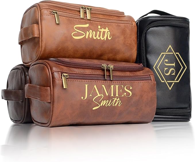 Personalized Toiletry Bag for Men, Engraved Name Initials Toiletry Bag, Customized Monogram Travel Shaving Dopp Kit for Groomsmen, Gift for Christmas, Birthday, Dad, Husband, Grandpa - Black