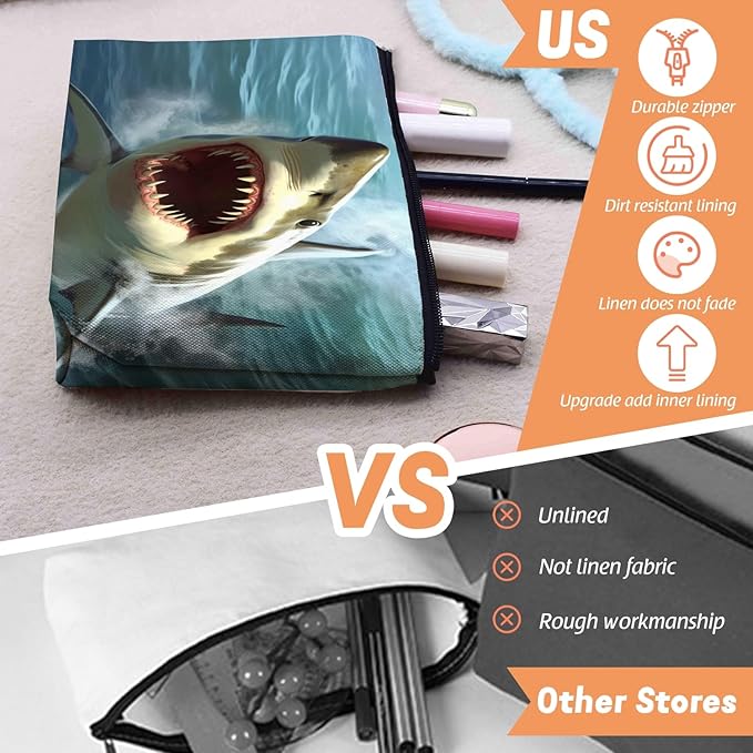 Scribesense Cosmetic Bags Travel Makeup Toilet Case Waterproof Pouch for Women Girls 6.7X9.45inches - Close - Up of A Great White Shark With Open Mouth