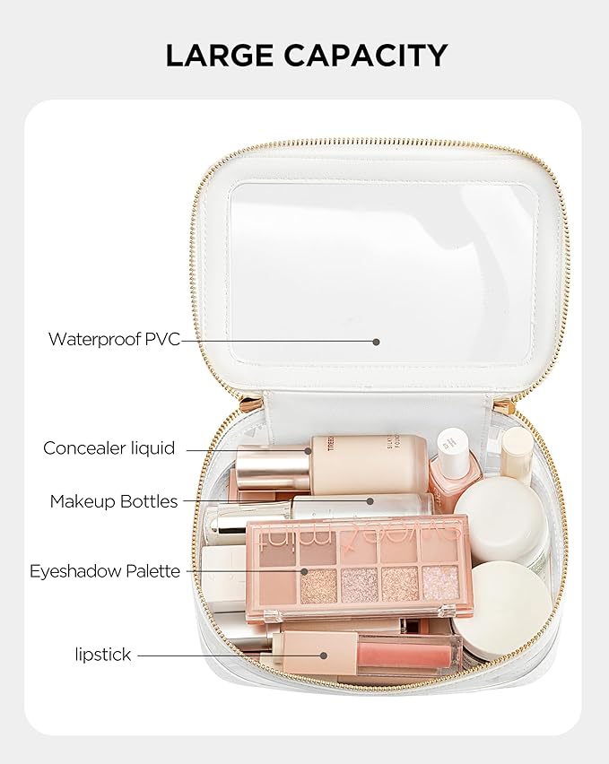 Vorey Large Clear Makeup Bag for Women, Portable Travel Makeup Bag Organizer Waterproof Toiletry Bag Cute Makeup Bags Cosmetic Bag Makeup Pouch, White