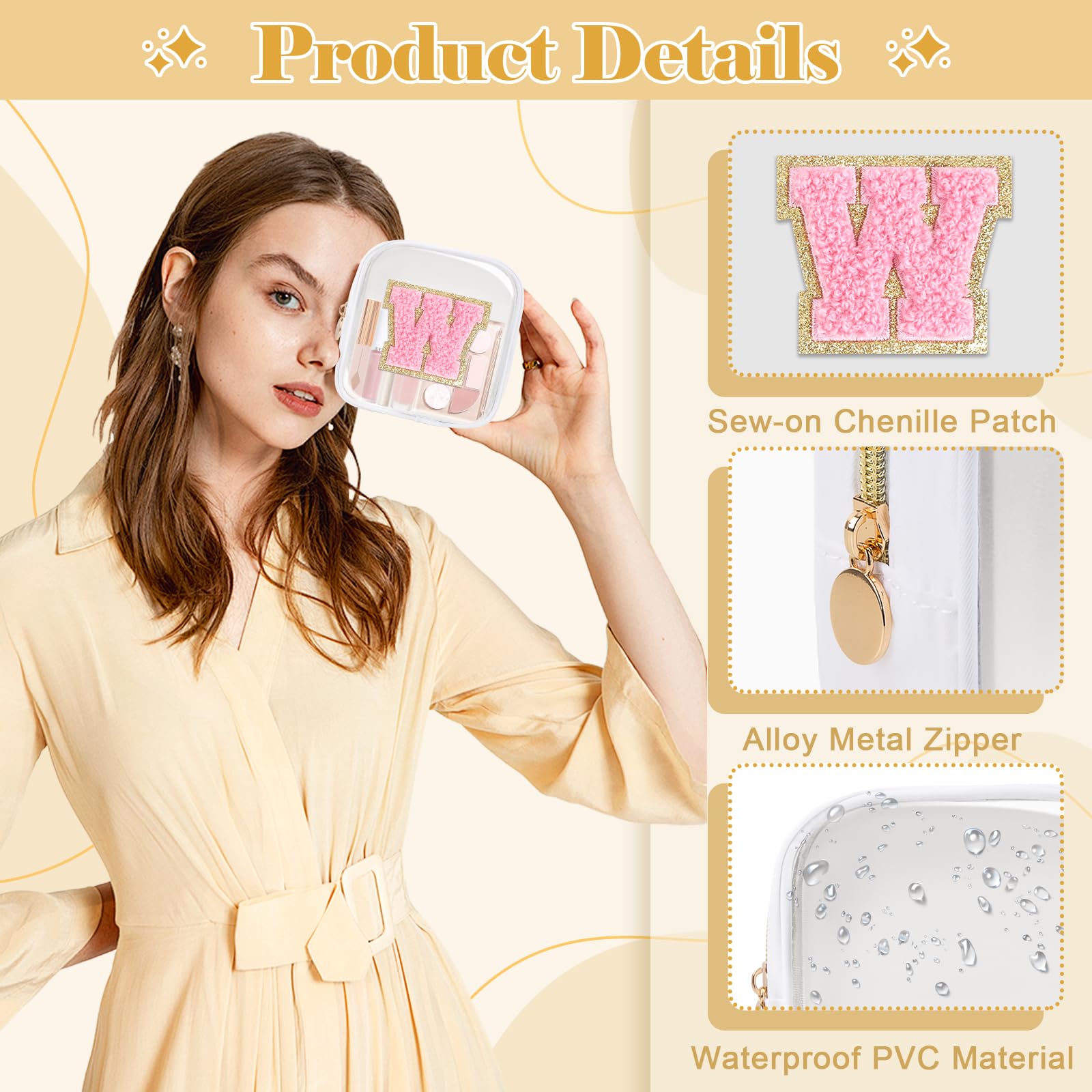 Personalized Initial Letter Clear Preppy Makeup Bag,Mini Nylon Chenille Letter Cosmetic Bag Cute Zipper Pouch Purse for Teen Girls,Portable TSA Approved Beach Travel Essentials Bag Gift for Women,W