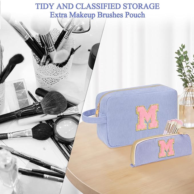 Sernaxi Personalized Initial Makeup Bag Trendy Stuff Corduroy Cosmetic Bag Travel Toiletry Bag, Valentine’s Day Gift Makeup Organizer Case & Makeup Pouch for Women Teen Girls Mom Girlfriend Wife