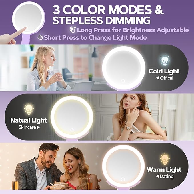 MIYADIVA Lighted Makeup Mirror, 30X Magnifying Mirror with Light, Hanging and Handheld Mirror with Handle, Purple