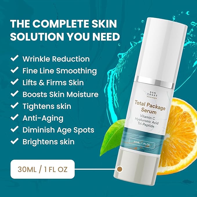Sun Coast Sciences - Total Package Serum - Vitamin C Serum with Hyaluronic Acid & Peptides for Face - Hydrating Anti Aging Face Serum for Smoother, Firmer Looking Skin - 1 Fl Oz (Pack of 4)