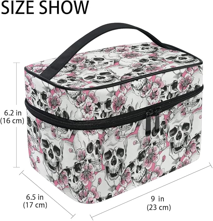 MNSRUU Makeup Bag, Halloween Skull Flowers And Pink Cherries Travel Makeup Organizer Bag Cosmetic Cases Toiletry Bags for Girl Women Ladies