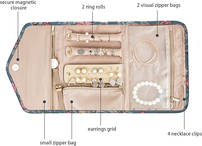 BAGSMART Travel Jewelry Organizer Roll Foldable Jewelry Case,Flower Bird