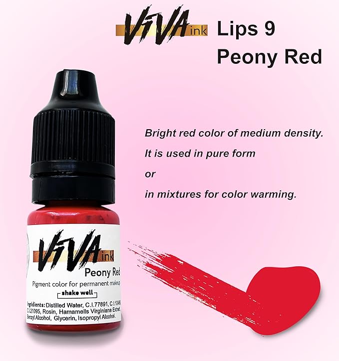 VIVA INK Lip Pigment – Peony Red – Permanent Lip Makeup – Microblading Ink for Durable and Colorful Lips – Long Lasting Color Lip Cosmetics (0.2 oz)