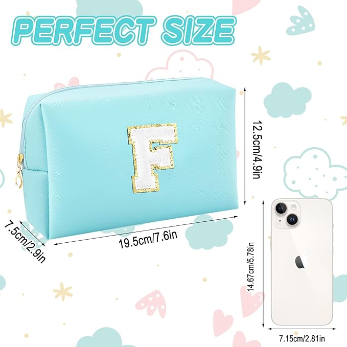 URSKYTOUS Gifts for Girls Initial Makeup Bag Personalized Cosmetic Bag with Zipper Cute Travel Toiletry Bag Waterproof PU Preppy Makeup Pouch Birthday Gift for Teen Girls Women(Blue F)