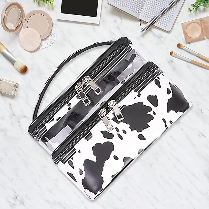imerelez Double-layer Cosmetic Bag Makeup Bag Travel Makeup Bag Makeup Bags for Women Cosmetics Cases Portable Waterproof Foldable (Cow Print)