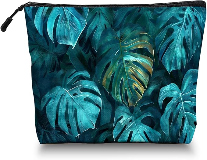 Scribesense Cosmetic Bags Travel Makeup Toilet Case Waterproof Pouch for Women Girls 6.7X9.45inches - Tropical Monstera Leaves in A Deep Teal Hue