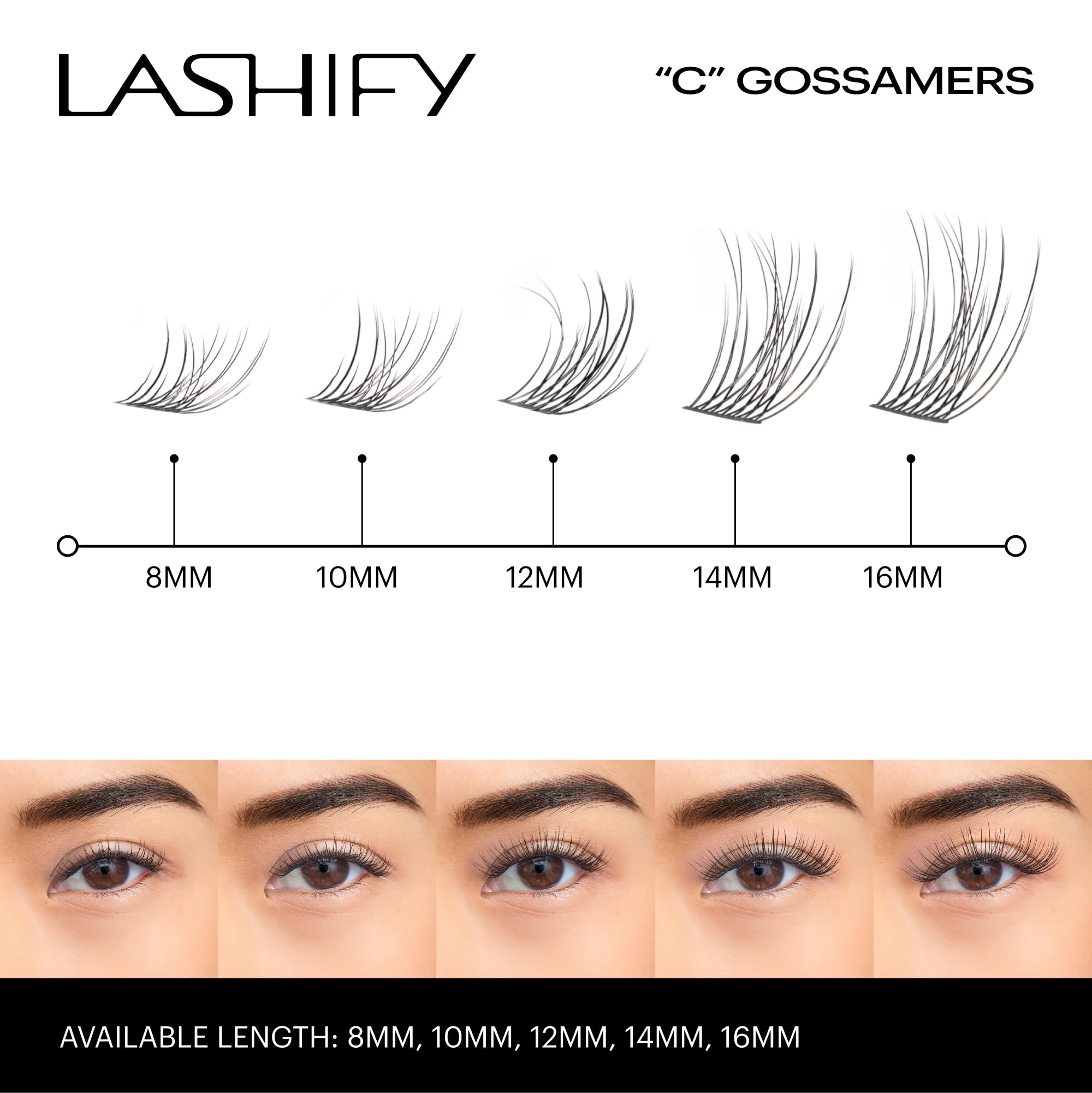 Lashify Curl 16mm Gossamer Eyelash Extensions Refill, Black, DIY False Lashes for a Natural Look