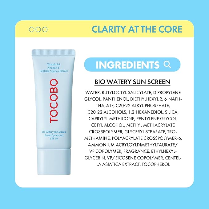 TOCOBO Bio Watery Sunscreen SPF 50 Broad Spectrum Korean Facial Sun Cream, Hyaluronic Acid, Lightweight Daily Face Sunblock,Vegan, Korean Skincare 1.35 fl oz