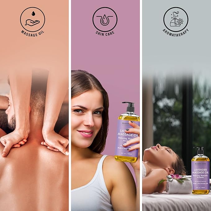 MAJESTIC PURE Lavender Massage Oil for Massage Therapy - Refreshing, and Relaxing - Natural Oils with Lavender Essential Oil - for All Skin Types - Men and Women Massage Lotion - 8 fl oz