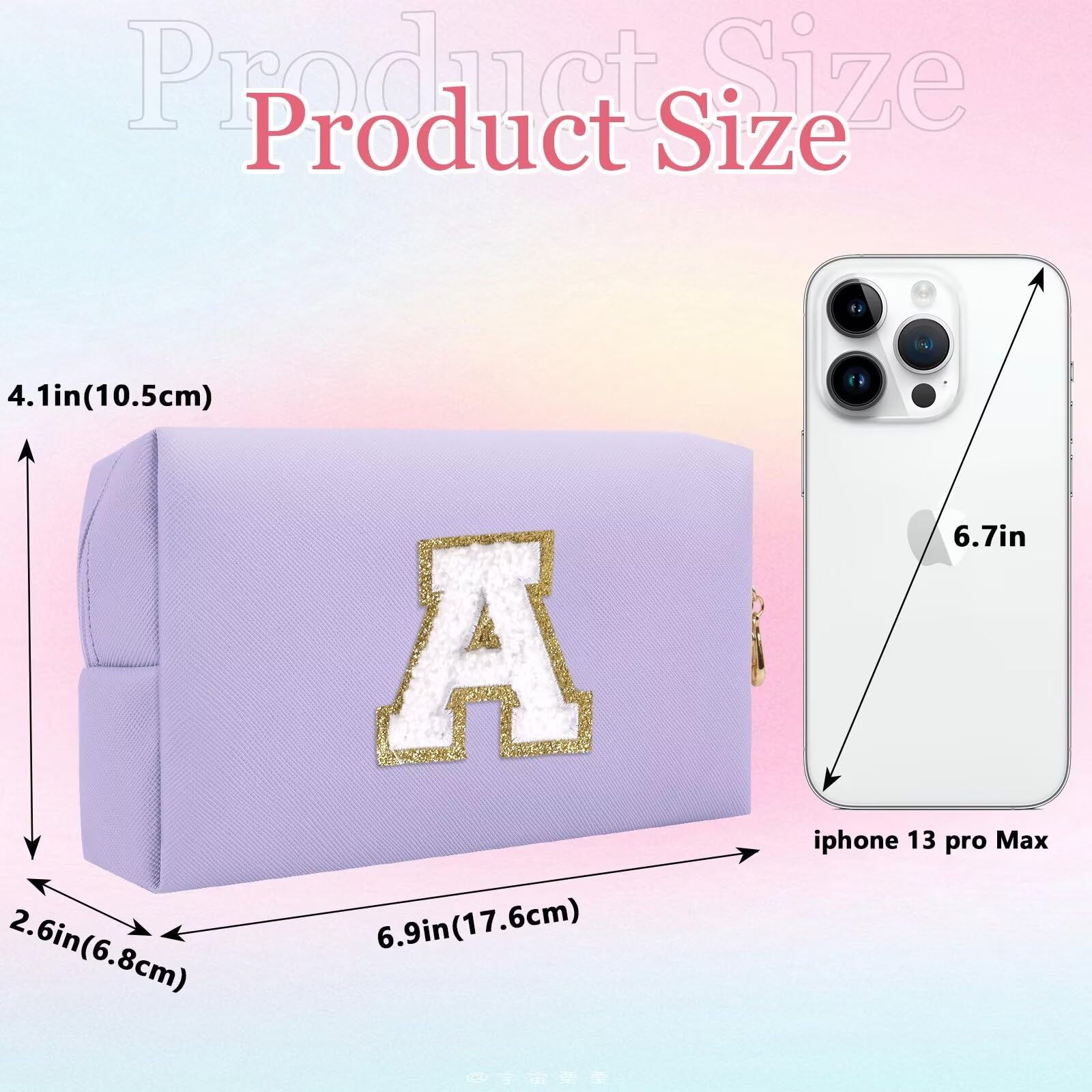 HENGNI Small Personalized Letter Makeup Bag, Cute PU Leather Chenille Letters Cosmetic Bag Travel Makeup Pouch, Preppy Travel Organizer Zipper Pouch for Women&Girls（Purple-A）