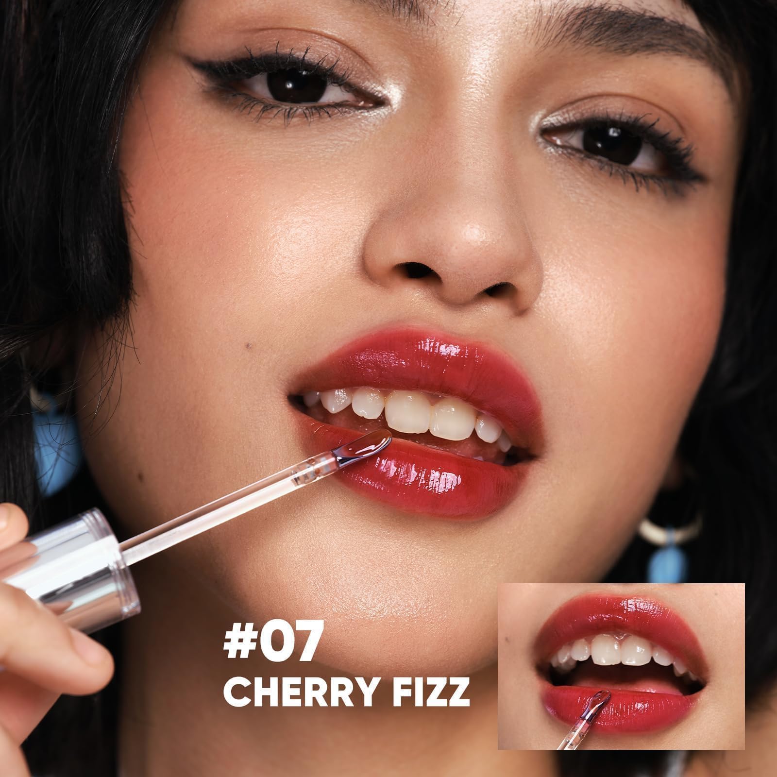 JUDYDOLL Ice Watery Lip Gloss, Moisturizing Liquid Lipstick with Hyaluronic Acid & Collagen,Long-lasting Mirror Lip Glazes with Iron Applicator(#07 Cherry Fizz, 2.4 Grams)