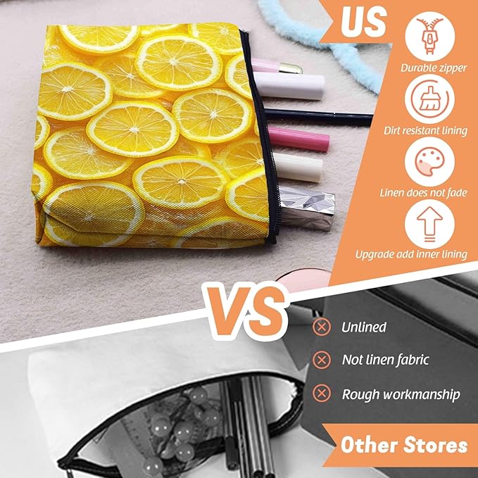Scribesense Cosmetic Bags Travel Makeup Toilet Case Waterproof Pouch for Women Girls 6.7X9.45inches - Arrangement of Lemon Slices in A Bright Yellow