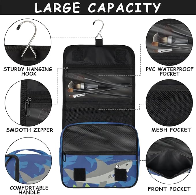 OMFUNS Funny Shark Hanging Travel Toiletry Kit Bag with Hook for Men and Boys, Ocean Animal Makeup Case Waterproof Cosmetic Bag Storage Bag Organizer for Accessories Toiletries