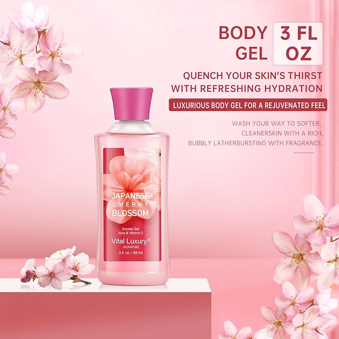 Self Care Gift Set for Women - 3PC Japanese Cherry Blossom Spa Travel Set with Shower Gel, Lotion & Body Mist - Luxury Bath Gift Set for Mother's Day, Birthday, or Anniversary