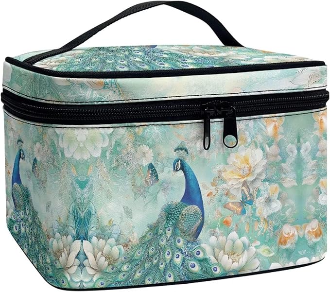 Drydeepin Peacock Butterfly Peony Flower Print Travel Makeup Bags for Women Portable Tote Cosmetic Case with Carry Handle Toiletry Accessories Storage Organizer Bags