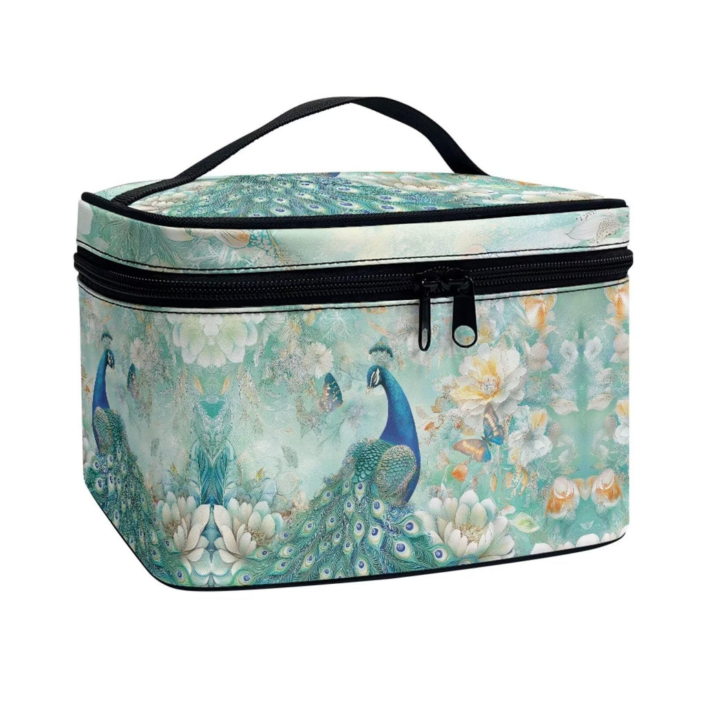 Drydeepin Peacock Butterfly Peony Flower Print Travel Makeup Bags for Women Portable Tote Cosmetic Case with Carry Handle Toiletry Accessories Storage Organizer Bags