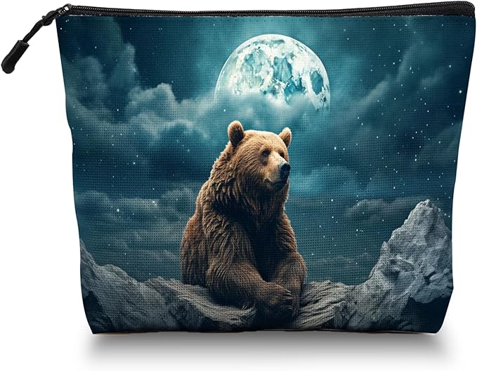 Scribesense Cosmetic Bags Travel Makeup Toilet Case Waterproof Pouch for Women Girls 6.7X9.45inches - Brown Bear on Rock Under A Starry Sky And Moon