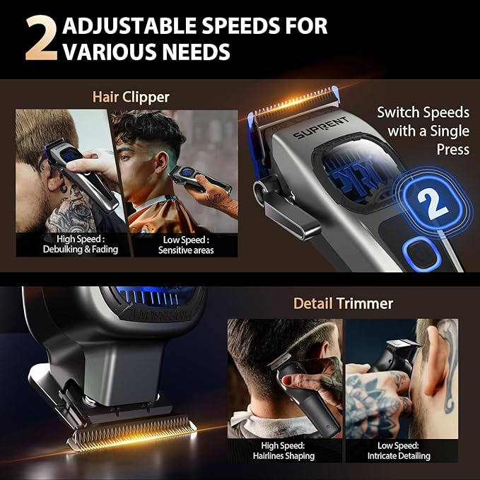SUPRENT StormGray Professional Hair Clippers for Men - Cordless Barber Clippers & Zero-gapped Trimmer Set, Haircutting Kit with High Performance Motor, Blue Titanium-Coated Blades, Charging Stands