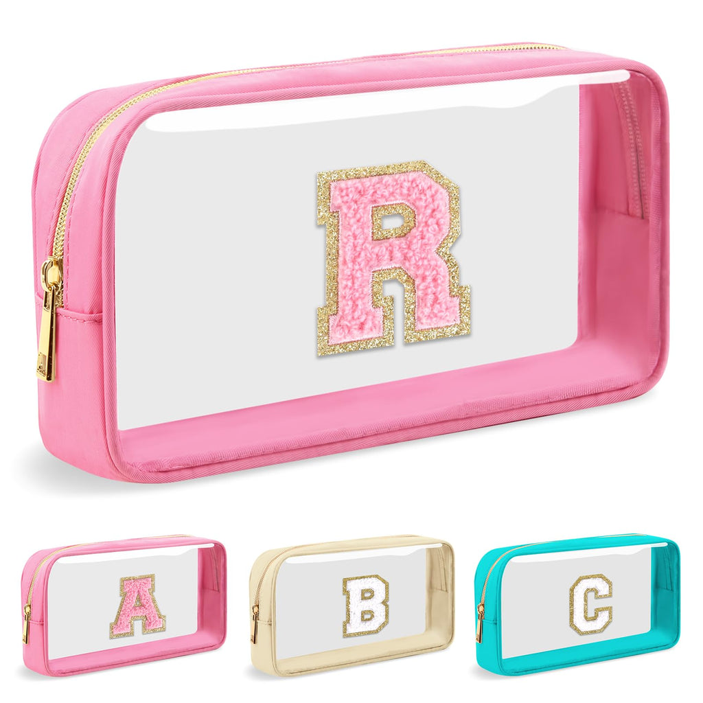 Personalized Initial Letter Clear Makeup Bag,Preppy Small Nylon&PVC Cosmetic Zipper Bag with Chenille Letter,Portable Beach Travel Skincare Toiletry Bag,Trendy Monogram Gift for Teen Girls Women,R