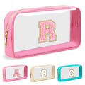 Personalized Initial Letter Clear Makeup Bag,Preppy Small Nylon&PVC Cosmetic Zipper Bag with Chenille Letter,Portable Beach Travel Skincare Toiletry Bag,Trendy Monogram Gift for Teen Girls Women,R