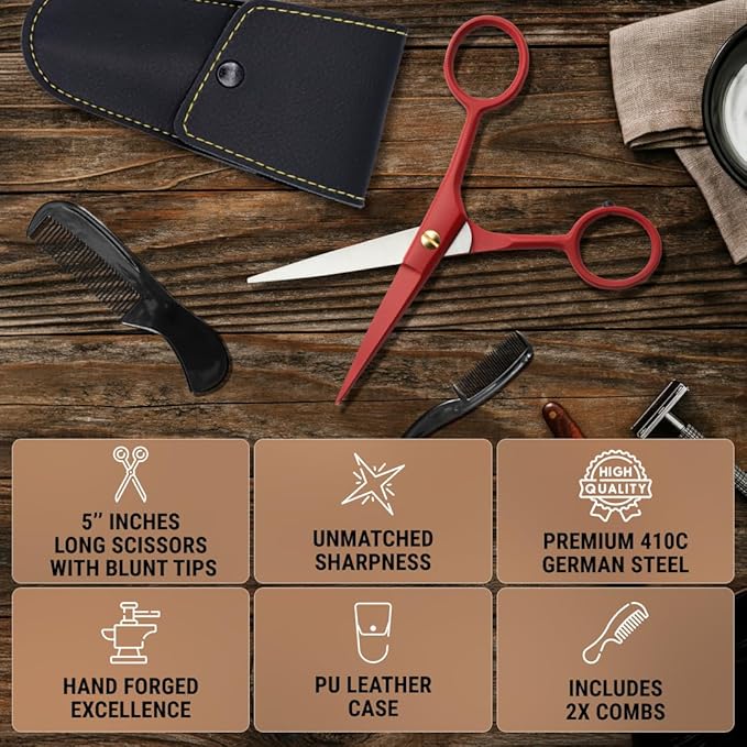 Ontaki 5" Beard & Mustache Scissor with Combs for Men - True Red